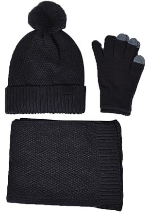 Vinter halsduk hatt & handskar set höst vinter solid hatt halsduk handske tre öron utomhus värme set kallt väder accessoarer kläder, Svart, one size