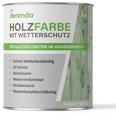 derendo Holzfarbe grün außen wetterfest Wetterschutzfarbe Langzeitschutz 2,5L RAL 6019 seidenglänzend Holzlack weißgrün Außenbereich Holzschutzlasur hohe Deckkraft