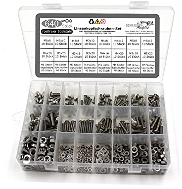 640 teiliges Set aus Linsenkopfschrauben mit Innensechskant nach Norm ISO 7380-1 + Sechskantmutter DIN 934 und Unterlegscheibe DIN 125 Edelstahl Größe M3 M4 M5 M6 (M3-M6 Mischbox)