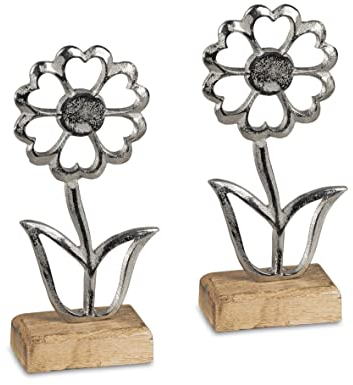 formano Dekoaufsteller Blume aus Aluminium & Mangoholz 20 cm - Silberfarben