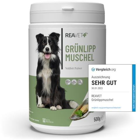 TESTURTEIL SEHR GUT 01/23 ReaVET Grünlippmuschel Hund Pulver 500g, Grünlippmuschelpulver Hund, Grünlipp für Hunde hochdosiert, Ernährung bei Arthrose, HD, Arthritis