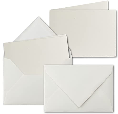 25x DIN A6 Vintage Faltkarten-Set mit gefütterten Briefumschlägen, Büttenpapier, 105 x 148 mm - quer-doppelt, Naturweiß - Karten aus Büttenpapier
