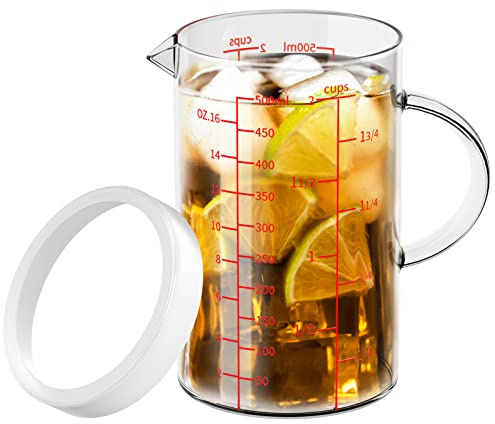 77L Glass Measuring Cup, 2-Cup/500 ML Liquid Measuring Cups, Measuring Cup With Handle and V-Shaped Spout, Glass Beaker with Three Scales (OZ, Cup, ML), Dishwasher/Freezer/Microwave Safe