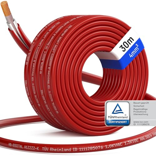 HB-DIGITAL 30m Câble solaire 4mm² Photovoltaïque H1Z2Z2-K - Certifié TÜV Rheinland - aux UV Flexible En cuivre pur 1500V Cable d'installation pour panneau solaire Alimentation en énergie sûre - Rouge