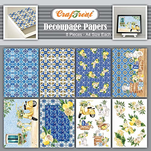 CrafTreat Återanvändbart medelhavs decoupagepapper för hantverksstorlek A4 (20,3 x 30,5 cm) 8 st decoupage-papper för möbler-blommig klippbok papper – citron decoupage-papper – dekorativt