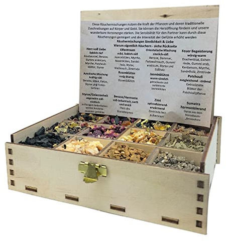 Helande örter fabrik röklåda set sensualitet och kärlek, 12 sorter rökelseblandningar, trä, 14 x 10 x 4 cm