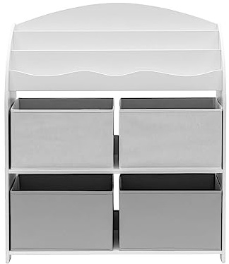 Rebecca Mobili Scaffale Per Giocattoli, Portagiochi Bambini, Bianco Grigio, MDF TNT, Con 4 Ceste, Per Cameretta - Misure HxLxP: 97,5 x 82,5 x 29,5 cm - Art. RE6846