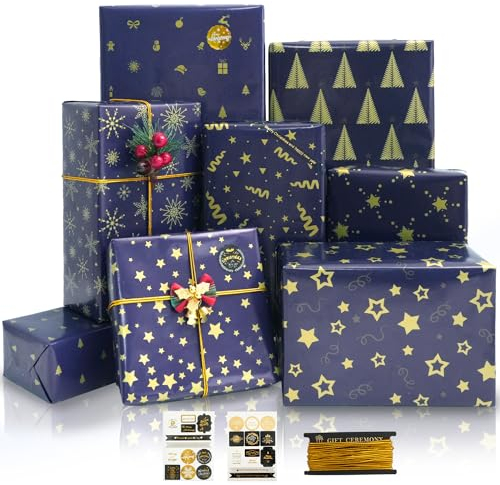 Weihnachten Geschenkpapier Set, MAMUNU 8 Blatt Geschenkpapier mit Packseil und Aufklebern, Weihnachtspapier Geschenkverpackung Papier für Weihnachten Geschenk, 43 x 100CM