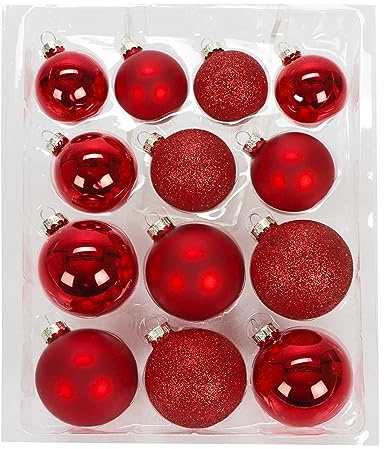 Christbaumkugeln Set, 26 Echt-Glas Weihnachtskugeln in 3 Dekors, Hochglanz, Matt und Glitzer, je in 3 Größen (rot)
