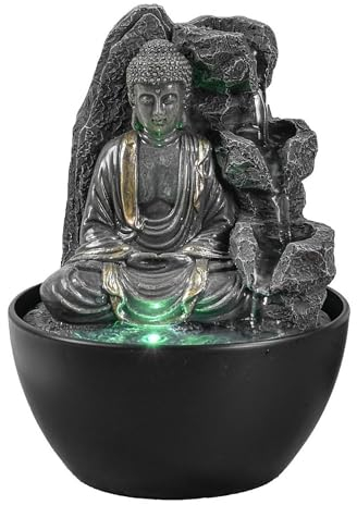 Zen'Light Revata Zimmerbrunnen, Buddha, entspannend, Wasserfall-Brunnen, Zen-Dekoration, Feng Shui, Glücksbringer, clevere und nützliche Geschenkidee, Tischbrunnen mit LED-Licht, H 18 cm