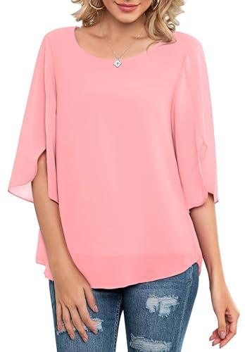 Neineiwu Camicetta da donna in chiffon, a tunica, stile casual, con collo tondo, maniche a 3/4, in maglia traforata, vestibilità ampia, rosa chiaro., XL