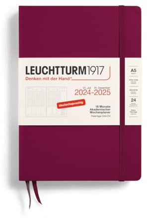LEUCHTTURM1917 370634 akademisk veckoplanerare 2025, medium A5 inbunden – 18-månaders kalender, 80 g, linjerad – port röd