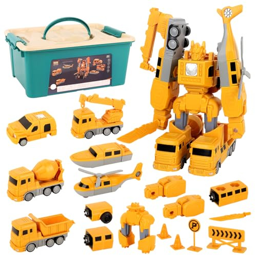 PLLYPE Camion Transporteur Voiture Jouet, 26 PCS Ensembles de camions de Construction, Robot Transformable magnétique avec boîte de Rangement, Camion Jouet Petite Voiture Enfant Tracteur Garcon 3 Ans