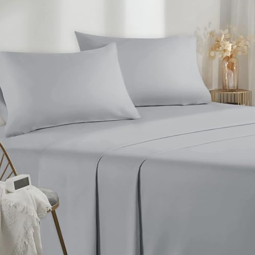 Pack Ensemble de Parure de draps 4 Pieces Unie pour Un lit 2 Personnes 160 x 200 cm 100% Coton 57 Fils/m2 - 1 Drap Plat + 1 Drap Housse 160 x 200 cm + 2 taies d oreillers 65 x 65 cm (gris clair)