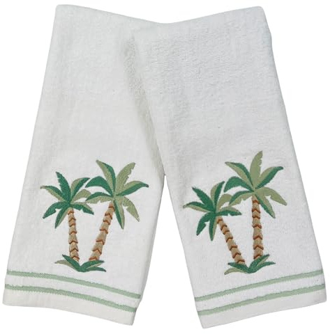Serafina Home Palm Tree Embroidered Hand Bath Towels, 100% Cotton, Set of 2, 16 x 25 inches, White