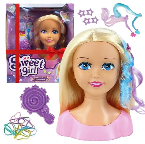 Sweet Girl Doll Styling Head with 20 Hair Accessories - Kids' Hairdressing Head with Clips, Bobbles and Brush - Thick Blonde Hair for Girls 3+