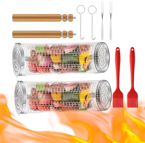 Welhammsae 2 Pcs BBQ Grill Basket, BBQ Accessories, Stainless Steel Grill Basket, Nesting Rolling Grill Basket Set with Removeable Wooden Handle, Oil Brushes, Forks, Hooks, 21 x 9cm, 31 x 10cm