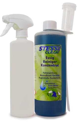 StessiClean Essigreiniger Konzentrat | 1 Liter | 1:100 | Küchenreiniger | Universalreiniger | Allzweckreiniger | Gastro | Sanitär | Entkalker | Badreiniger | mit Dosierhilfe Sprühflasche