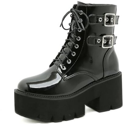 Botines con Cordones Y Plataforma para Mujer Tacón Grueso 7.5Cm Gótica Charol Botas De Combate con Hebilla,Black b,38 EU