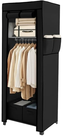 GREENSAPPIRE Canvas Wardrobe 161 * 59 * 45cm – Portable Fabric Wardrobe for Bedroom, New Base Design with 2 Storage Boxes & Side Pockets, Ideal for Home, Apartment & Dormitory (Black)