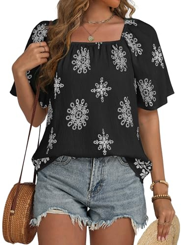 IEEILULU Top Estivi da Donna in Stile Boho con Stampa Floreale, Colletto Quadrato, vestibilità Ampia, Camicette, Tuniche, Casual, Camicie da Spiaggia, Nero Bianco, Taglia L