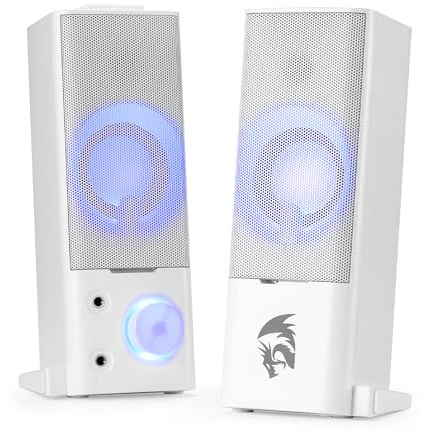 Redragon GS550 PC Gaming Speakers, 2.0 Channel Desktop Computer Sound Bar with Compact Maneuverable Size, Headphone Jack, Quality Bass & Decent Red Backlit, USB Powered w/ 3.5mm Cable, White