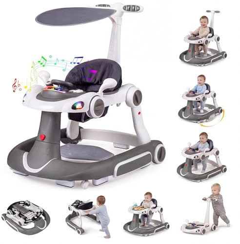 COSTWAY Girello per Bambini 6-in-1 Evolutivo, Centro Attività Pieghevole con Maniglia, Regolazione Altezza/Velocità, con Musica, Luci Tenda, per Neonati 6-18 Mesi (Grigio+Bianco)