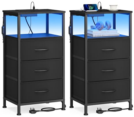 SONGMICS BELLAH Collection - Bedside Table with Charging Station, Side End Table with App-Controlled Adjustable LED Lights, Modern, 1 Shelf, 3 Drawers, Set of 2, Ink Black LGS203B103