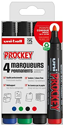 uni-ball Uni Prockey Pennarello permanente in acciaio inodoro PM122, multisupporto, base acqua, senza odore, punta conica media, 1,2-1,8 mm, confezione zero plastica, confezione da 4 colori