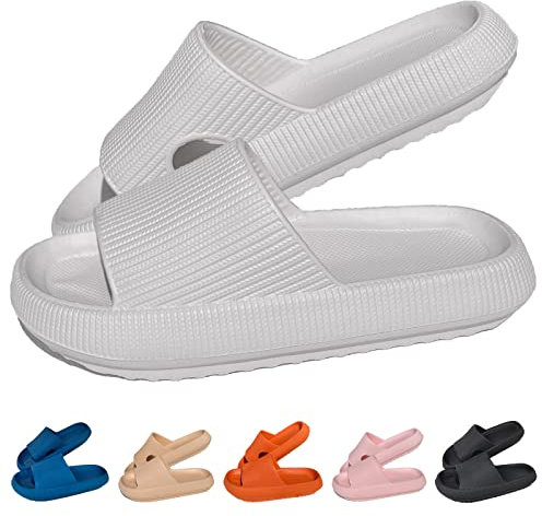 HOPEME Cloud Sliders Women Men Cushiony Slippers with Thick Outsole, Anti-Slip and Waterproof Pillow Sliders for Bathroom, Pool and Outdoor, Grey 5.5-6.5