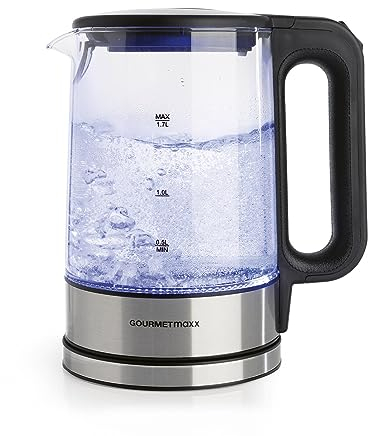 GOURMETmaxx Hervidor de agua de cristal en diseño intemporal de acero inoxidable con iluminación LED azul | Práctico indicador del nivel de agua, filtro antical, capacidad de 1,7 litros