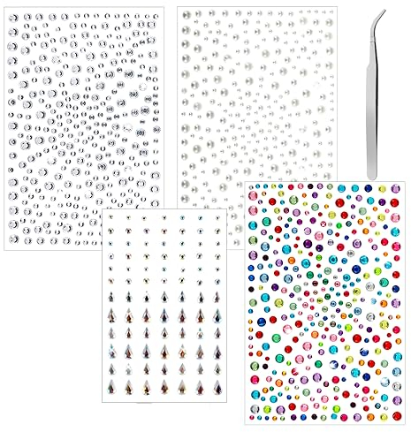 TIESOME Pietre autoadesive per il viso, 4 foglie, perline adesive con pinzette per il trucco, strass da incollare su capelli, cristalli occhi, tatuaggi per donne Halloween