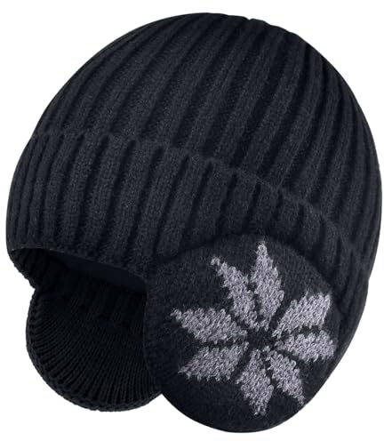 LCZTN FASHION Kids Unisex Beanie Winter 3-12 Year Hat for Warm Fleece Lined with Ear Flaps for Cute Boys and Girls (Acrylic, Black)