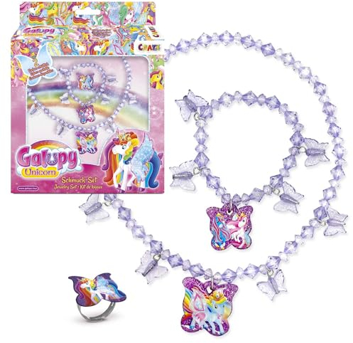 CRAZE GALUPY UNICORN Kinder Schmuck Set Mädchen mit 1 Halskette, 1 Armband & 1 Ring in rosa oder lila – Einhorn Kinderschmuck Mädchen ab 4 Jahre