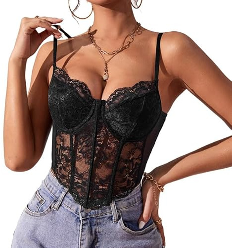 Haibang Top da Donna in Pizzo Canotta Donna Estiva Sexy Slim Fit Corsetto con Spalline Sottili Senza Maniche Crop Top Scollo a V Regolabile Canottiera Elegante Sottogiacca Aderente Bustier Clubwear