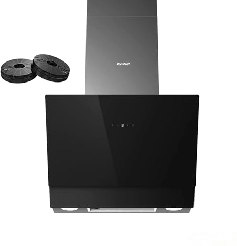 COMFEE' ANGJ72B Hotte aspirante A+++ 60 cm 650 m³/h Hotte Inclinée en verre trempé et en acier inoxydable, contrôles tactiles et gestuelles, 4 niveaux de vitesse, LED, recyclage de l'air, Noir