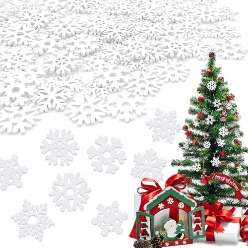 Schneeflocken Deko Weihnachten, 100 Stücke Streudeko Schneeflocken Holz Weiß 30mm 35mm, Weihnachtsdeko Streudeko Weihnachten Holz Weihnachtsanhänger Weihnachtsbaum Deko Tischdeko Konfetti