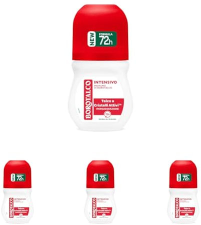 Borotalco, Deodorante Roll On Intensivo, Formula Senza Alcool e con Talco a Cristalli Attivi, Ipersudorazione, Profumo di Borotalco, 72h di Efficacia - 1 Flacone da 50 ml (Confezione da 4)