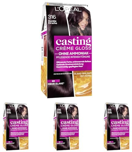 L'Oréal Paris Coloration ohne Ammoniak und ohne Silikone, Pflegende Intensivtönung mit Glanz-Reflex-Balsam, Casting Crème Gloss Haarfarbe, Nr. 316 Dunkle Kirsche, 1 Stück (Packung mit 4)
