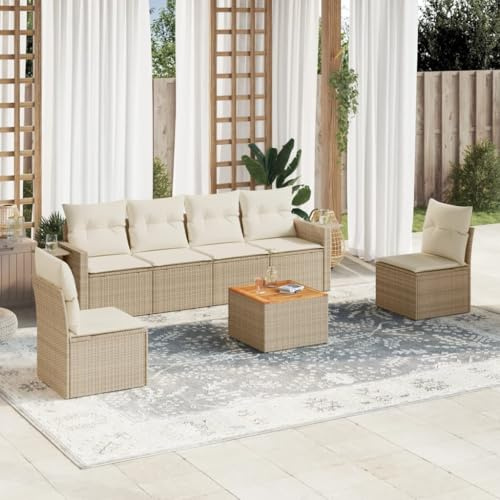 Xichuzi 7-TLG. Garten-Sofagarnitur mit Kissen Beige Poly Rattan, Lounge Gartenmöbel Set, Möbelsets, Balkon Möbel, Gartenlounge, Gartensofa - 3224511