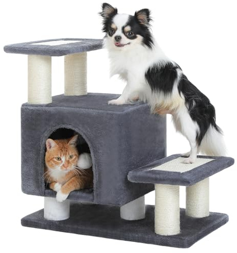 UYMI 3-in-1 Dog Stairs & Cat Scratching Post with Condo, Pet Steps for High Bed, Sofa, Couch, Tall Cat Tower, High-Strength Board for Indoor Small Cats Kittens Dogs Climbing Playing, 3 Steps-Dark Grey