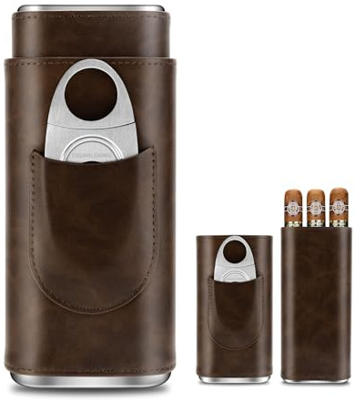 CIGARLOONG Cigar Humidor Set, Portable Leather Cigar Case with Stainless Steel Cigar Cutter, Cedar Wood Lined Cigar Humidor Case 3 Holder,Cigar Gift for Men (Dark Brown)