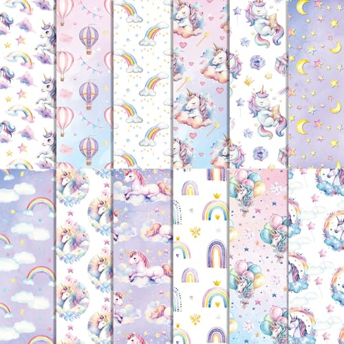 24 Blatt Scrapbook Papier Einhorn Muster, Doppelseitige Dekorpapier für Decoupage, Origami, DIY Fotoalbum, Craft Mädchen Bastelpapier Journal Motivpapier 30x30cm