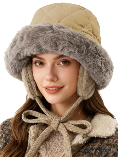 NLAND Bob Chapeau de Pêcheur Hiver Femme Bonnet de pêcheur en Peluche Duveteux Bucket Hat Réglable avec Cache-Oreilles,Kaki Taille Unique