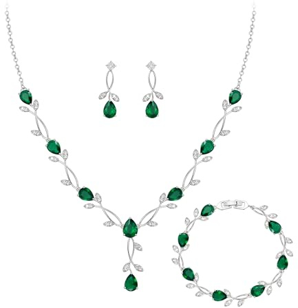 Clearine Cubic Zirconia Jewellery for Women Brides, Sparkly Teardrop Marquise Birthstone Leaf Necklace Earrings Bracelet Set for Prom Party Emerald Green Silver-Tone