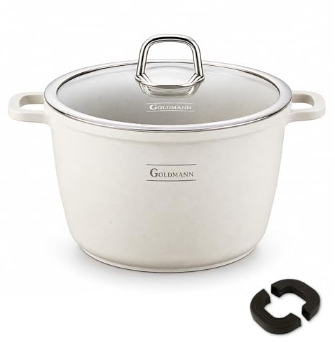 GOLDMANN olla aluminio fundido de 24 cm y 6.2 L, con revestimiento antiadherente de mármol cerámico, tapa de vidrio, apta para inducción y todo tipo de cocinas, apta para horno y libre de PFOA.