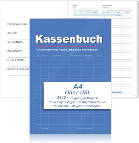 Kassenbuch A4 über 2100 Einträge Kassenbuch Kleinunternehmer 32 Blatt Kassenbuch Ohne Mehrwertsteuer für Verein Klein Finanzamt Haushalt Selbständige Kosmetikstudio Blau
