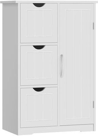 Sweetcrispy Badezimmerschrank modern, mit 3 Schubladen & 1 Tür, Hochglanz Weiß mit Einlegeboden & großem Stauraum, schmale Badkommode, Badezimmer Kommode, 60 x 30 x 81 cm