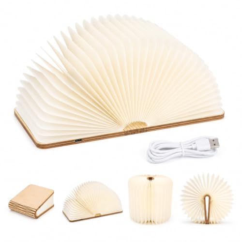 Vexnaro Lampada Libro LED Pieghevole, Lampada Libro in Legno Ricaricabile USB, Luce Notturna Bianco Caldo, Lampada da Comodino per Casa, Camera da Letto e Idea Regalo con Luce d’Atmosfera Magnetica