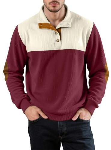 Herr Colour Block Henley skjorta ribbad långärmad tröja lapp topp | Herr Colour Block Henley skjorta ribbad långärmad pullover för smart vardaglig distinkt utseende